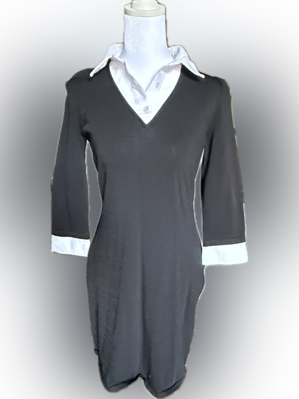 Lauren Ralph Lauren Black Knit Dress w/ White Collar & Cuffs 3/4 Sleeves Size M